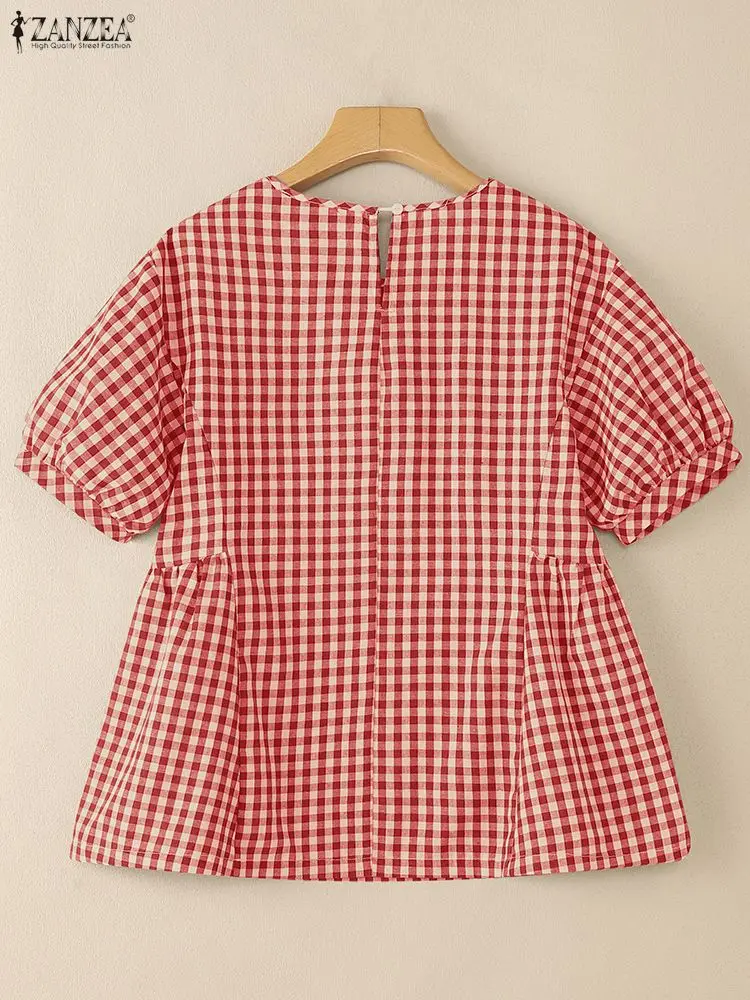 เสื้อผู้หญิง ZANZEA รุ่นซัมเมอร์ 2025 ทรงหลวม ลายสก็อต แขนสั้น คอทรงโอ สไตล์ลำลอง เรียบหรู จับจีบ เหมาะสำหรับทำงาน