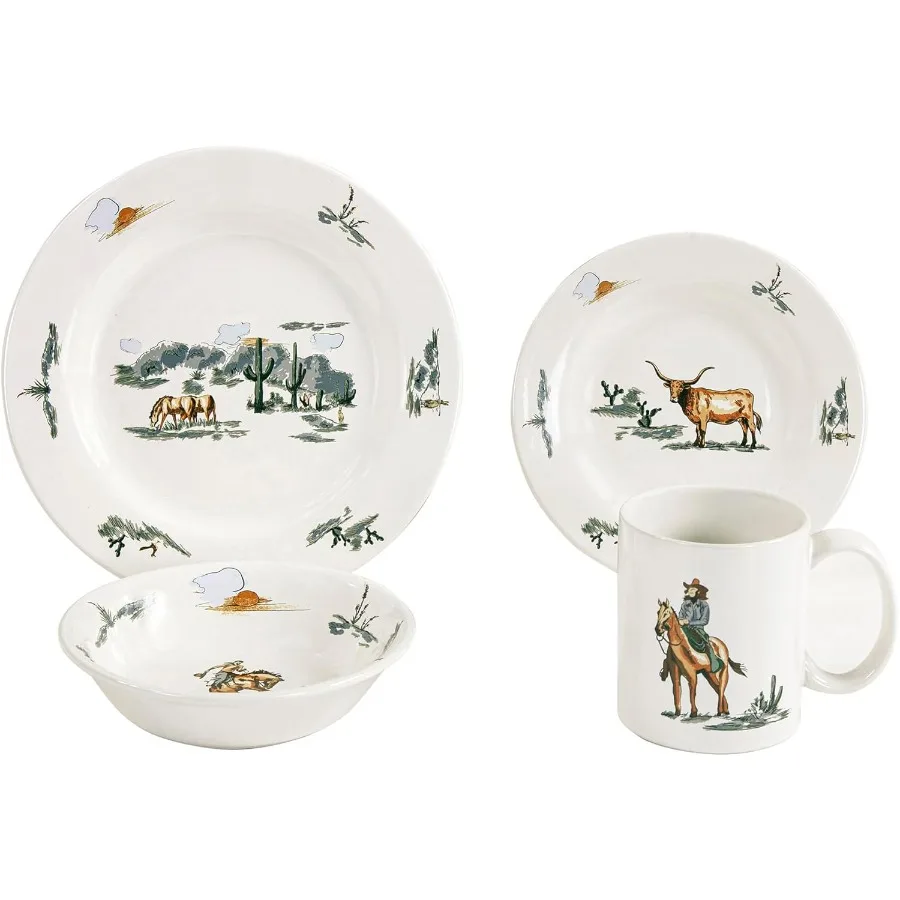 

16 Piece Ceramic Dinnerware Set with Plates, Bowls, Coffee Mugs, Duffle Bag, Cow Longhorn Horse Cowboy Pattern, Southwestern Rus