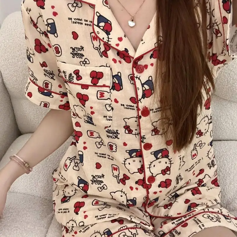 

Hello Kitty, осенние штаны из полиэстера с короткими рукавами, комплект из двух предметов, женские пижамы, шелковые пижамы, женские повседневные свободные комплекты домашней одежды
