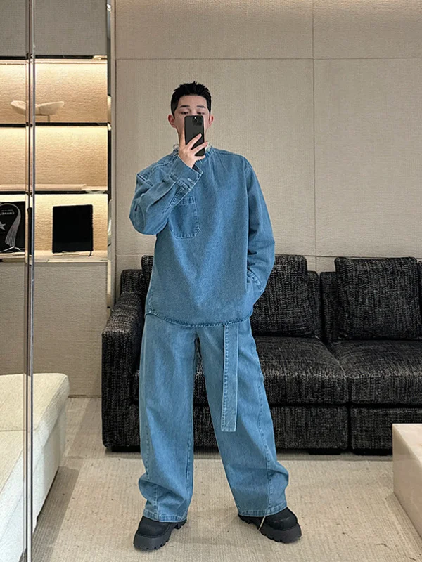 

Retro Distred Denim irt Jaet Crew Ne Side Zip Long Sve Wide Leg Pants Two Piece Set Men's Faion Ensemble