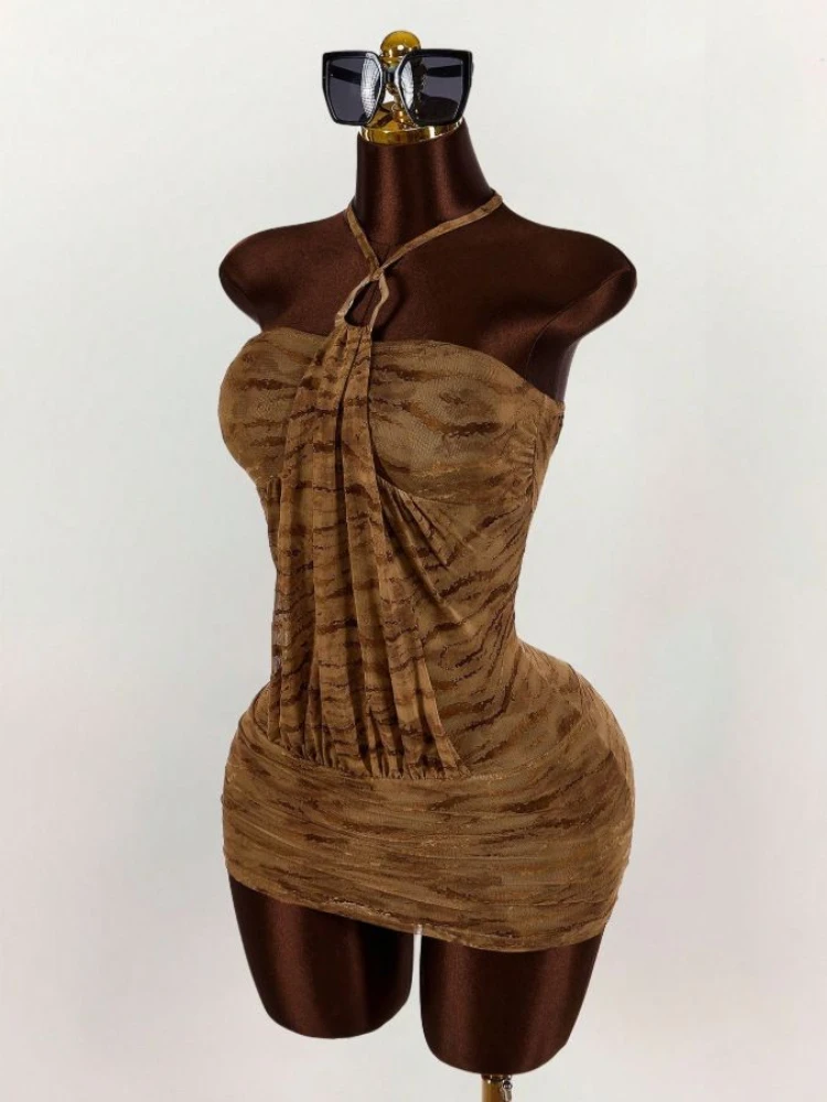 Bodycon mini-jurk met halterhals voor dames - Tijgerprint Ruches Mesh Stof Clubwear Zomerfeestjurk (bruin)