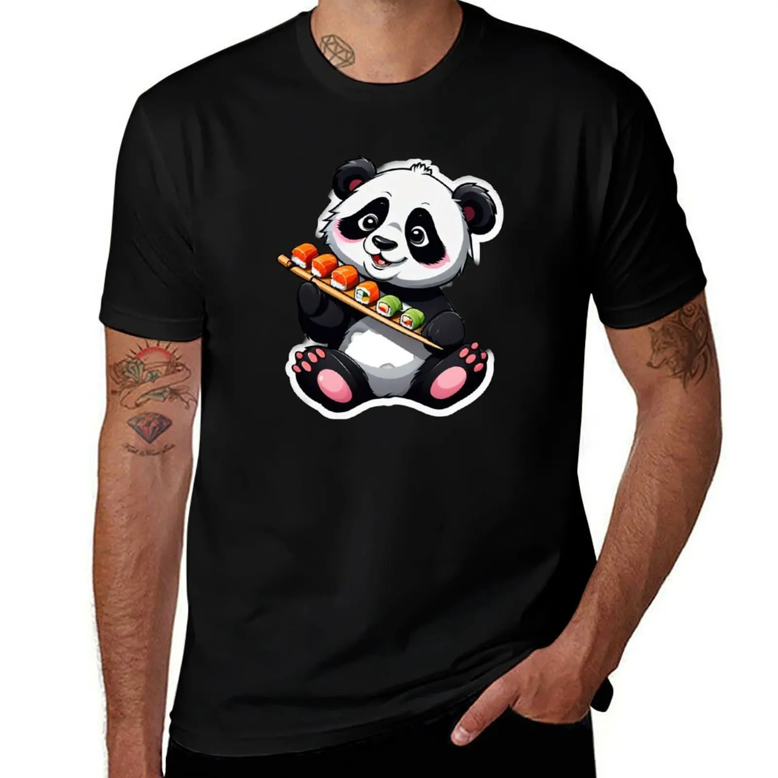 Panda Eating Sushi T-Shirt Basic Solid Color Short Sleeve Cotton Top T-Shirt