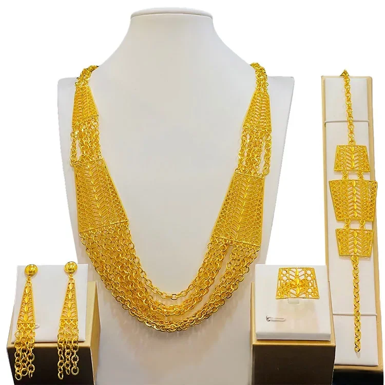 Dubai 24K Gold Jewelry Set For Women Ethiopian Wedding Bride Luxury African Necklace and Earring Egyptian Indian Jewellery