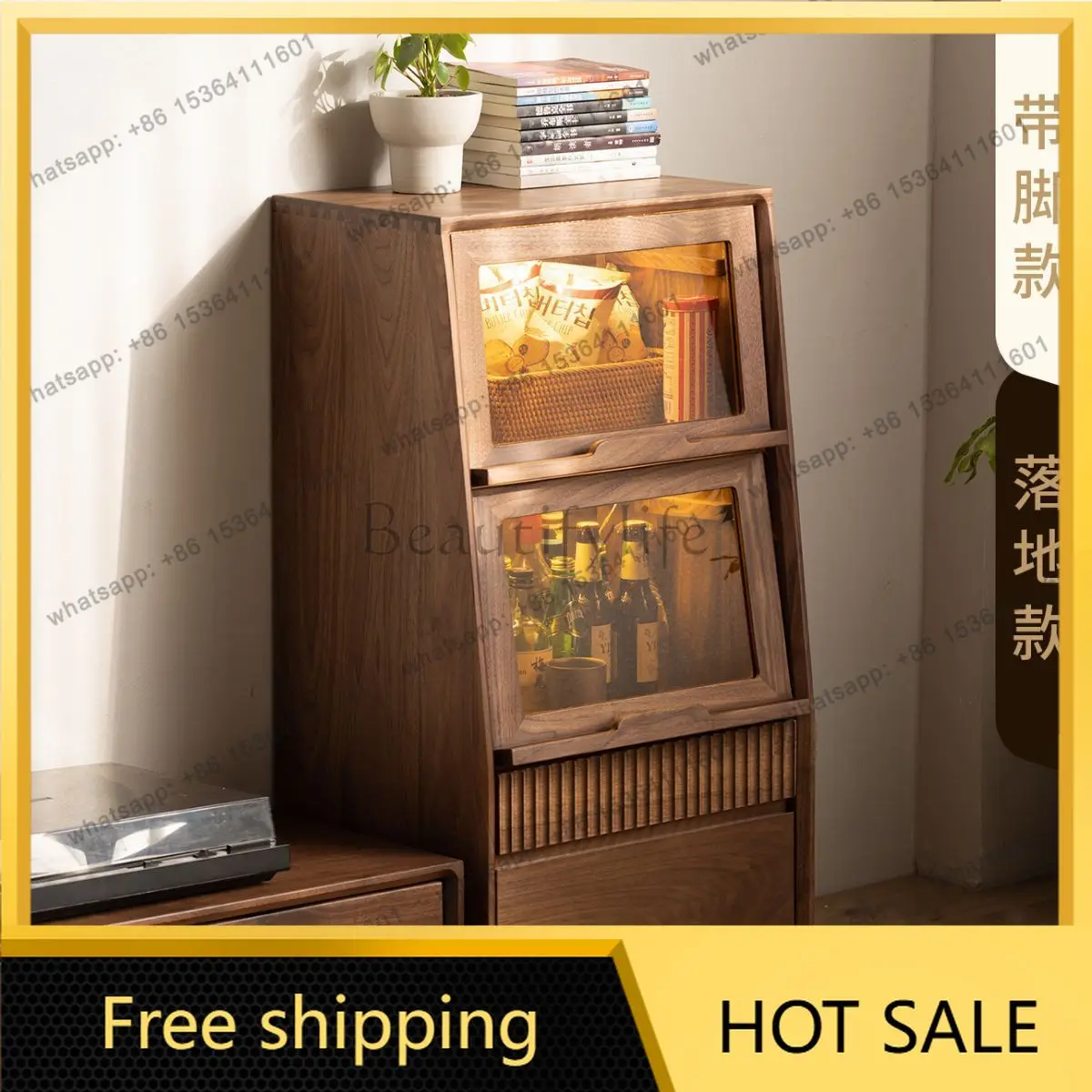 Factory Direct Sales North American Black Walnut Solid Wood Furniture, Sofa Stand-up Cabinet, Flip-Top Glass Door Cabinet