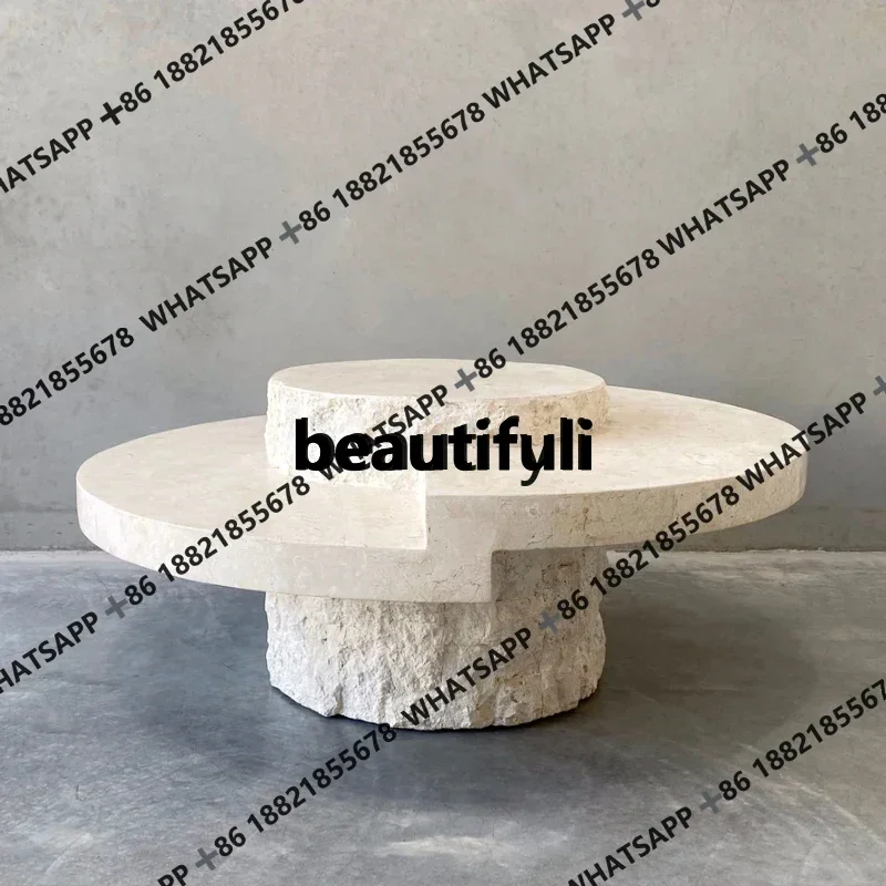 xqqCream wind tunnel stone coffee table creative round wabi-sabi wind living room home light luxury high sense