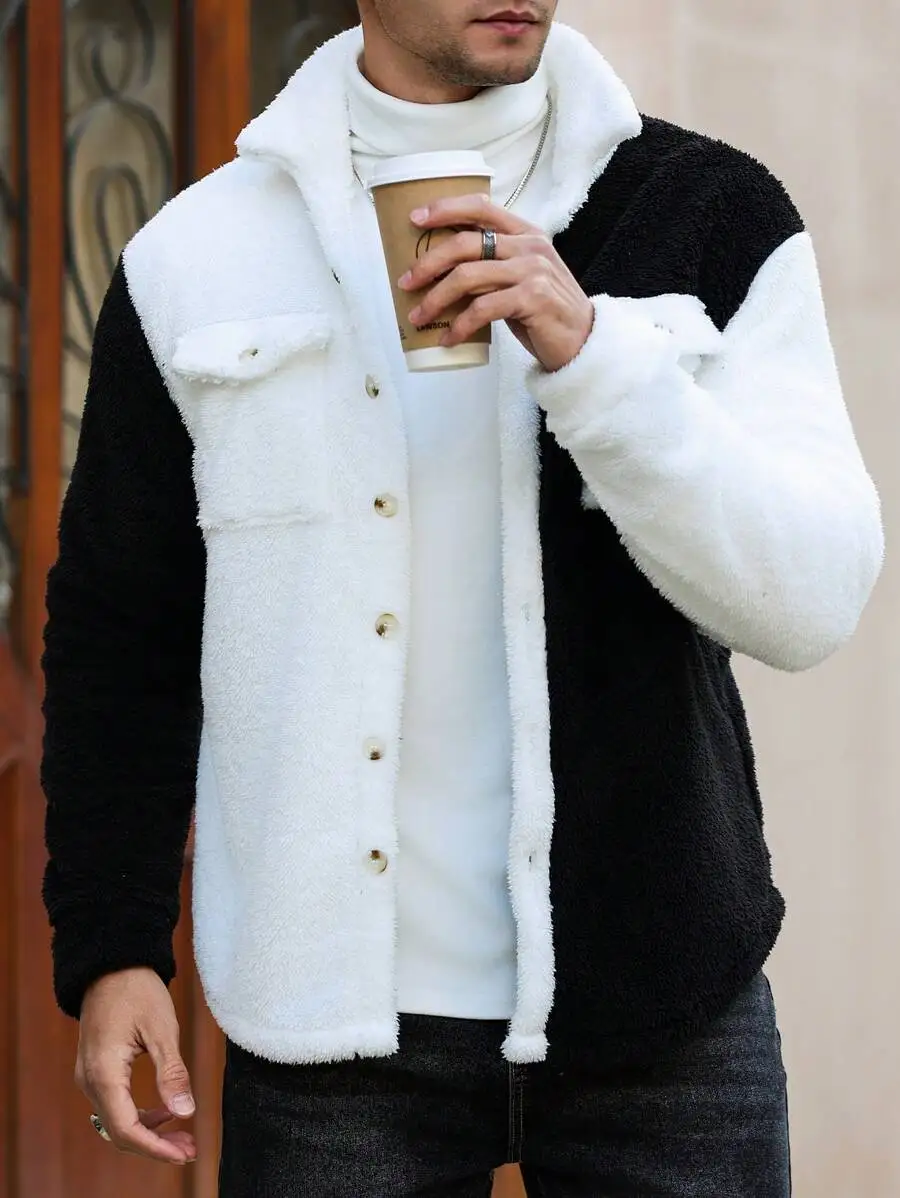 

Men's Contrast Color Fleece Button-Front Cardigan with Collar and Pocket