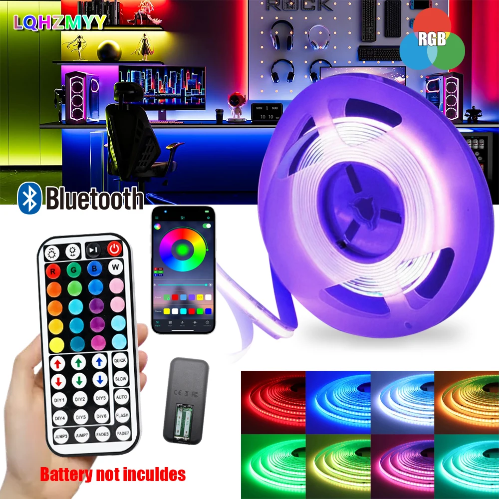 

1Pcs Rgb Spotless Cob Flexible Led Light Strip with Sound-Activated Multifunctional 44-Key Remote Control, Bluetooth Function, App Control, Can Control Light Color and Brightness, Can Respond to Sound and Light, Suitab