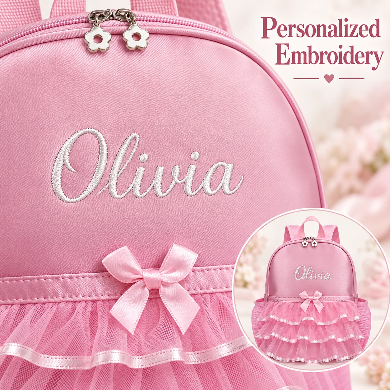 Embroidered Name Pink Puffy Skirt Bow Backpack, Cute Multi-Layer Princess Ruffle Tulle for Daily,Sweet Birthday & Christmas Gift