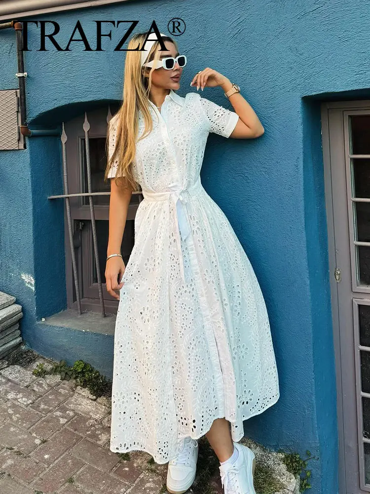 

TRAFZA Female Beach Dress Solid Turn-Down Collar Short Sleeves Hollow Out Embroidery Bow Belt Summer Dress Woman 2024 Trendy