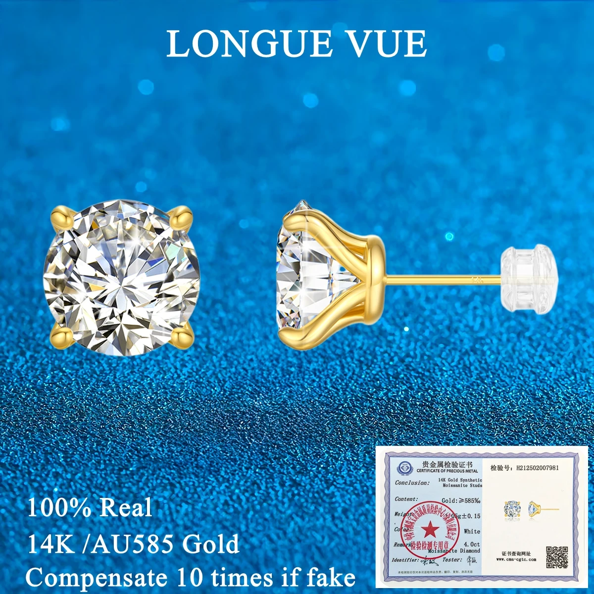 4-Prong 14K Gold Moissanite Stud Earrings for Women Men 100% Real AU585 Classic Ear Stud Wedding Jewelry Birthday Valentine Gift