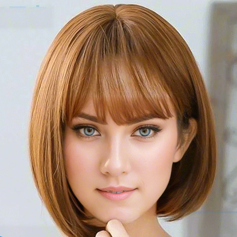 12-Inch Ombre Bob Synthetic Wig With Bangs For Women - Heat Resistant, Straight Short Hair For Everyday Wear