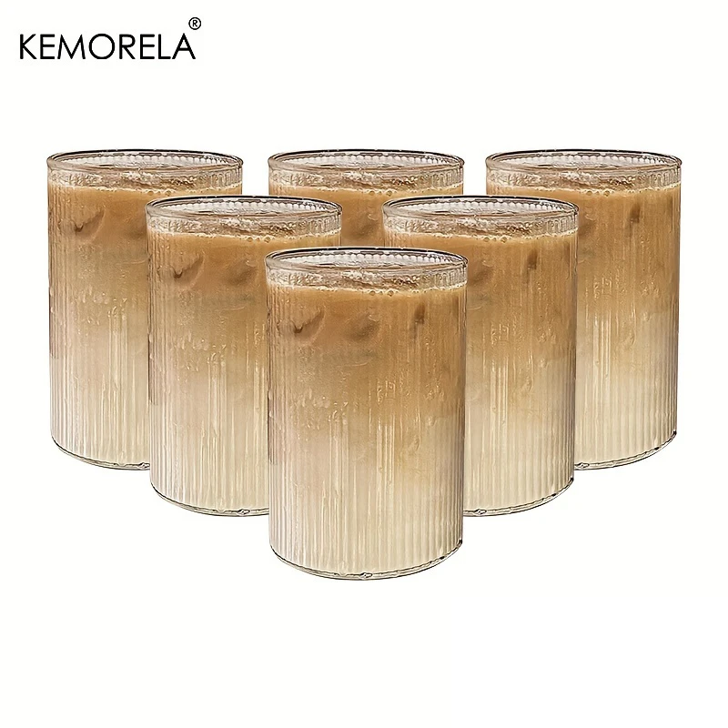 KEMORELA 4/6pcs Vintage Ribbed Cup Set 300ML Vertical Stripe Pattern High Borosilicate Glass Coffee Juice Cup For Dining Room