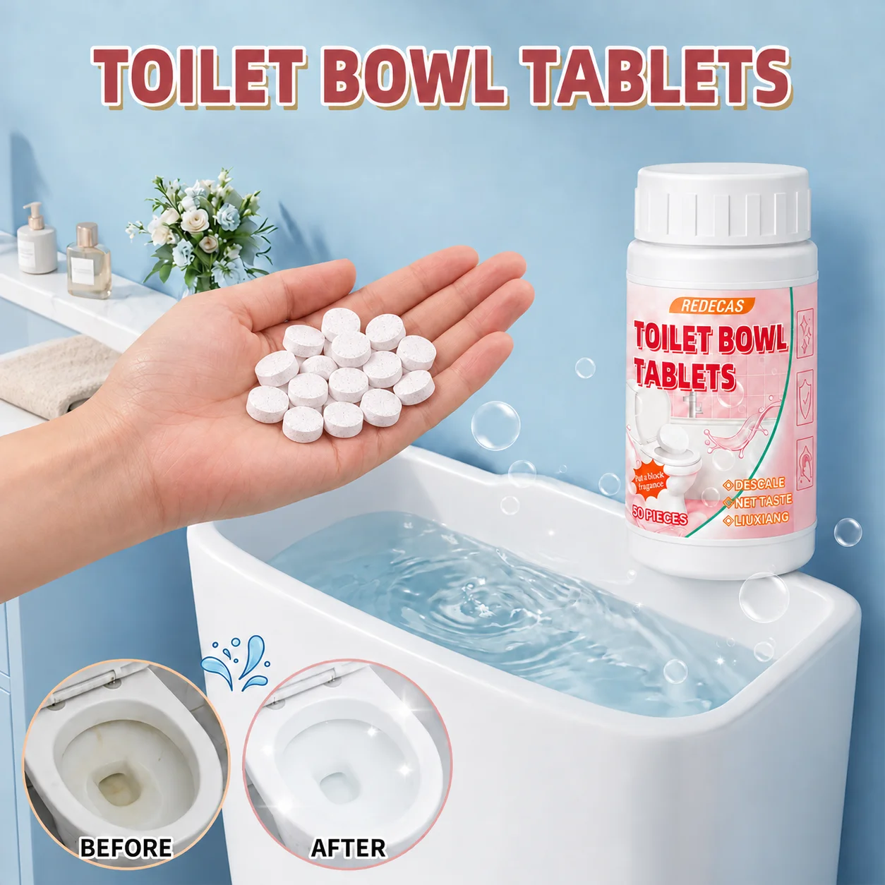 50Pcs Toilet Effervescent Tablets. Just Drop into Toilet or Tank. Gentle to Glaze, Scrub-Free Home Toilet Cleaner.