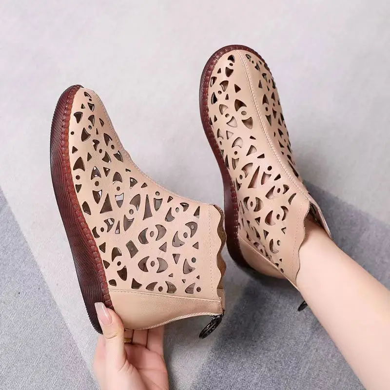 Spring Summer 2024 Genuine Leather Sandals Women\'s Breathable Hole Boots Flat Soft Non-slip Comfortable Shoes Sandalias De Mujer