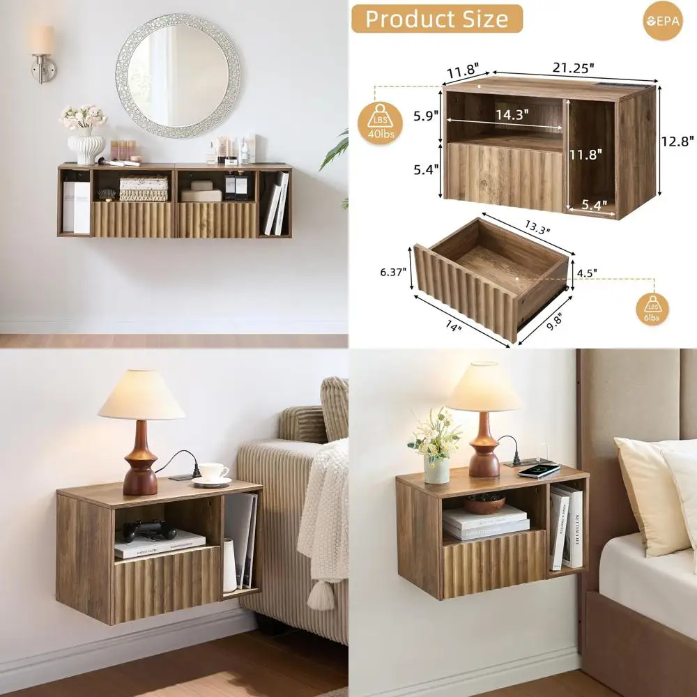 

Rustic Brown Fluted Floating Nightstand with Charging Station, Drawers, USB Ports & Outlets, Right-Side Bedroom Furniture