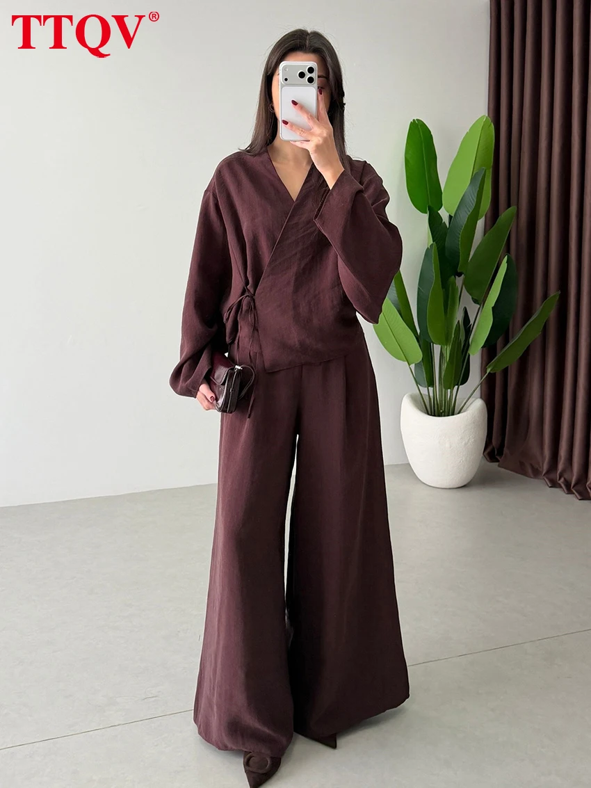 

TTQV Fashion Loose Blue Trousers Sets Woman 2 Pieces Elegant Long Sleeve Robes With High Waist Wide Pants Set Female Clothing