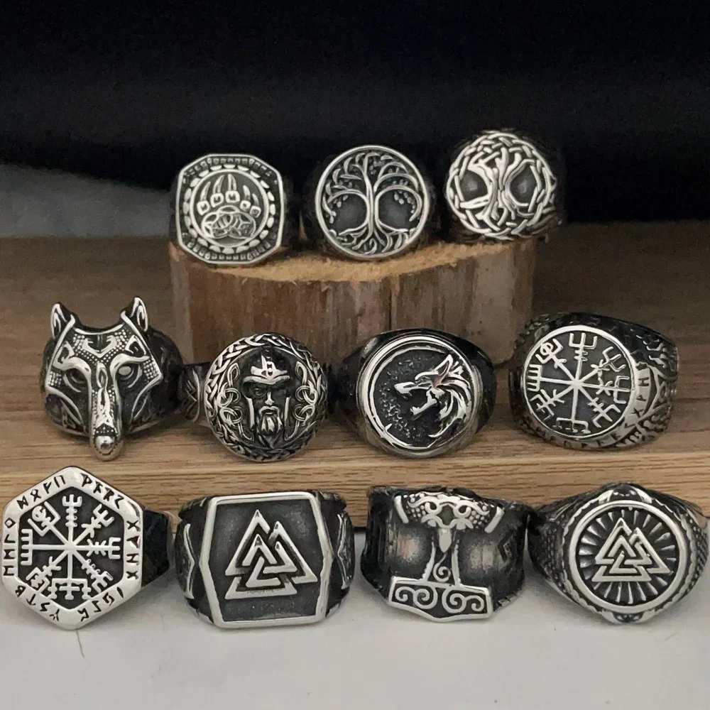 Vintage Viking Men Rings Stainless Steel Ethnic Belief Nordic Odin Compass Tree of Life Valknut Ring Amulet Jewelry Wholesale