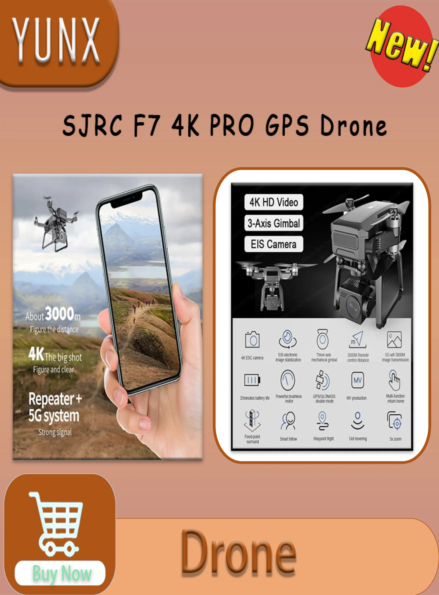 YUNX SJRC F7 4K PRO GPS Drone 3KM 5G WiFi FPV 3-Axis Gimbal EIS Brushless Foldable Quadcopter