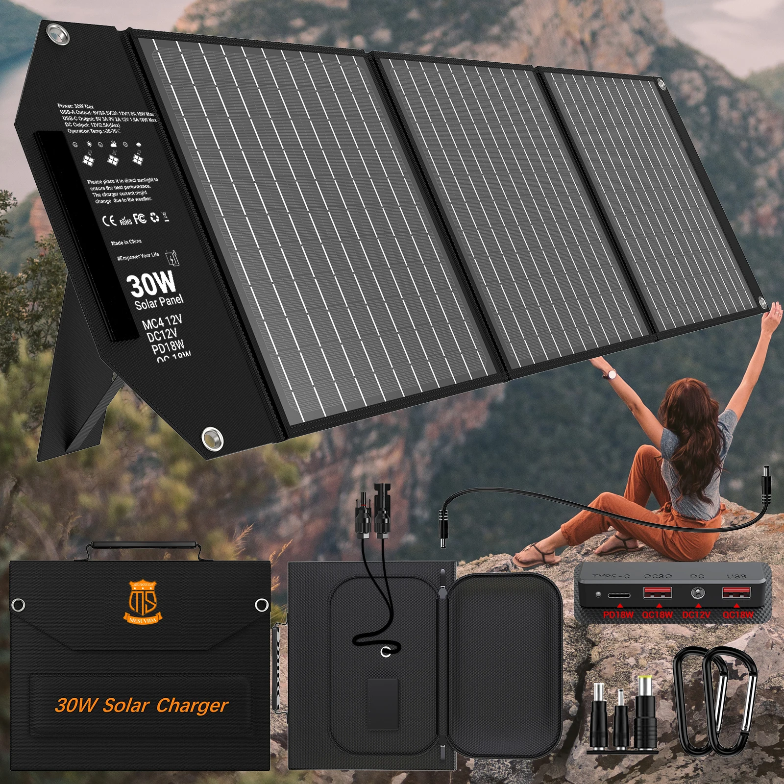 30W Travel-Ready Solar Charger - Portable Foldable Solar Panel with 18V MC4, Dual USB-A (QC3.0), and USB-C (PD18W) Ports