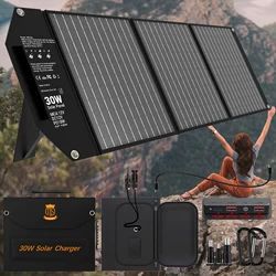 30W Travel-Ready Solar Charger - Portable Foldable Solar Panel with 18V MC4, Dual USB-A (QC3.0), and USB-C (PD18W) Ports