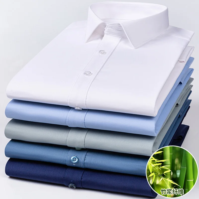 Men Social Shirt Bamboo Fiber Long Sleeve Anti-wrinkle Non-ironing Slim Fashion Casual Business Office White Blue Shirt S-4XL