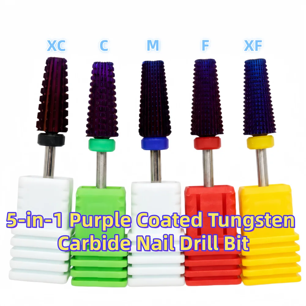 1PC 5-in-1 Purple Tungsten Carbide Nail Drill Bit with 3/32
