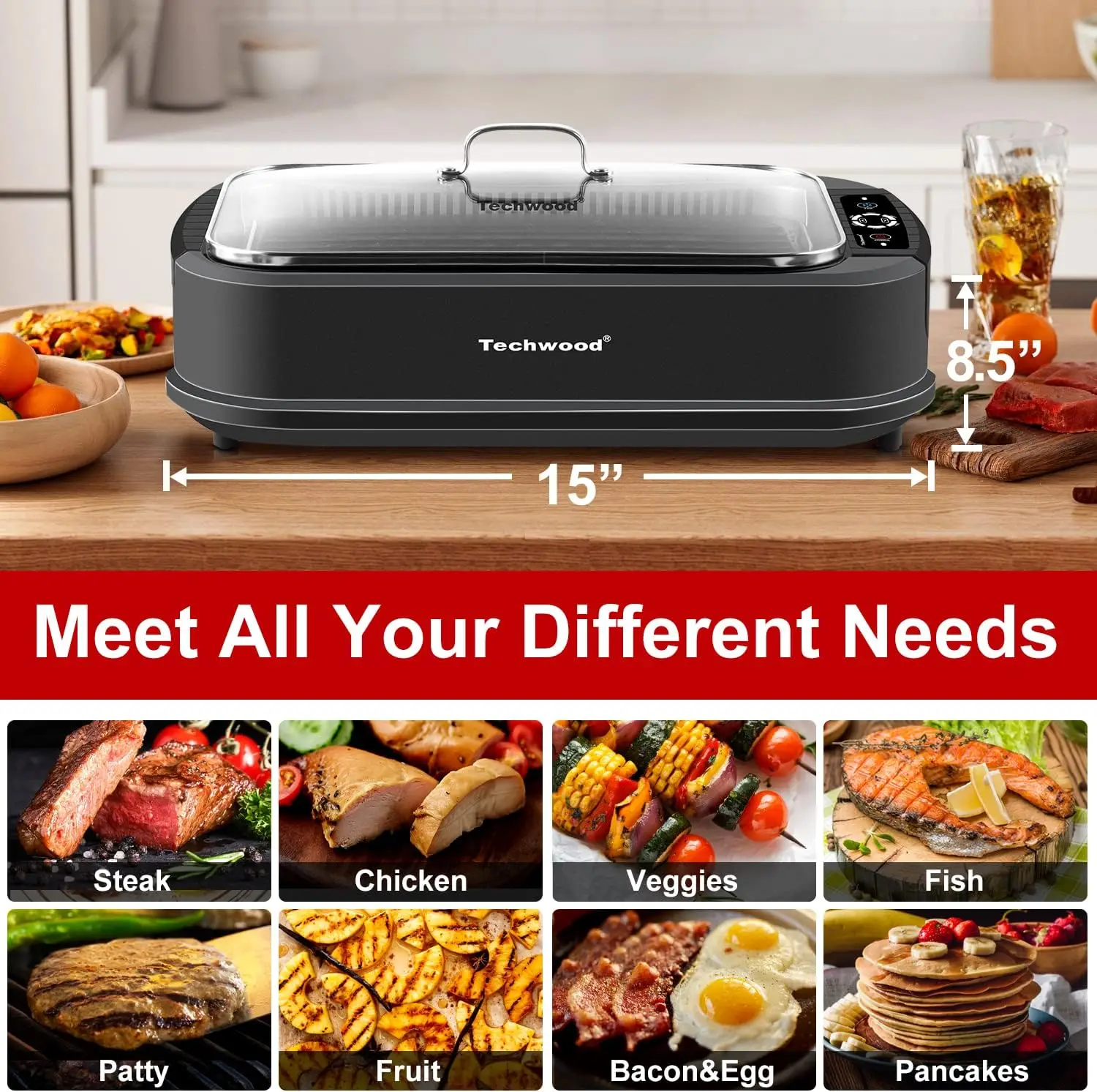 Grill, Techwood 1500W Smokeless Electric Grill with 2 in1 Nonstick Grill/Griddle Plates, Portable Korean BBQ Grill with 6