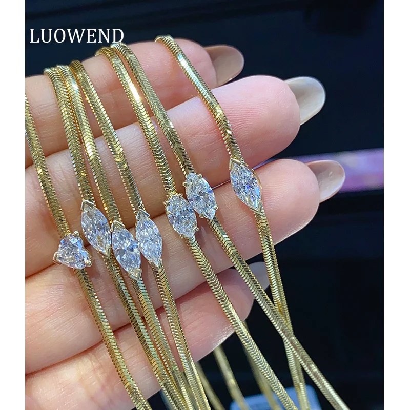 LUOWEND 100% 18K Yellow Gold Necklace Luxury Design Snake Bone Chain Shiny Real Natural Diamond Necklace for Women Fine Jewelry