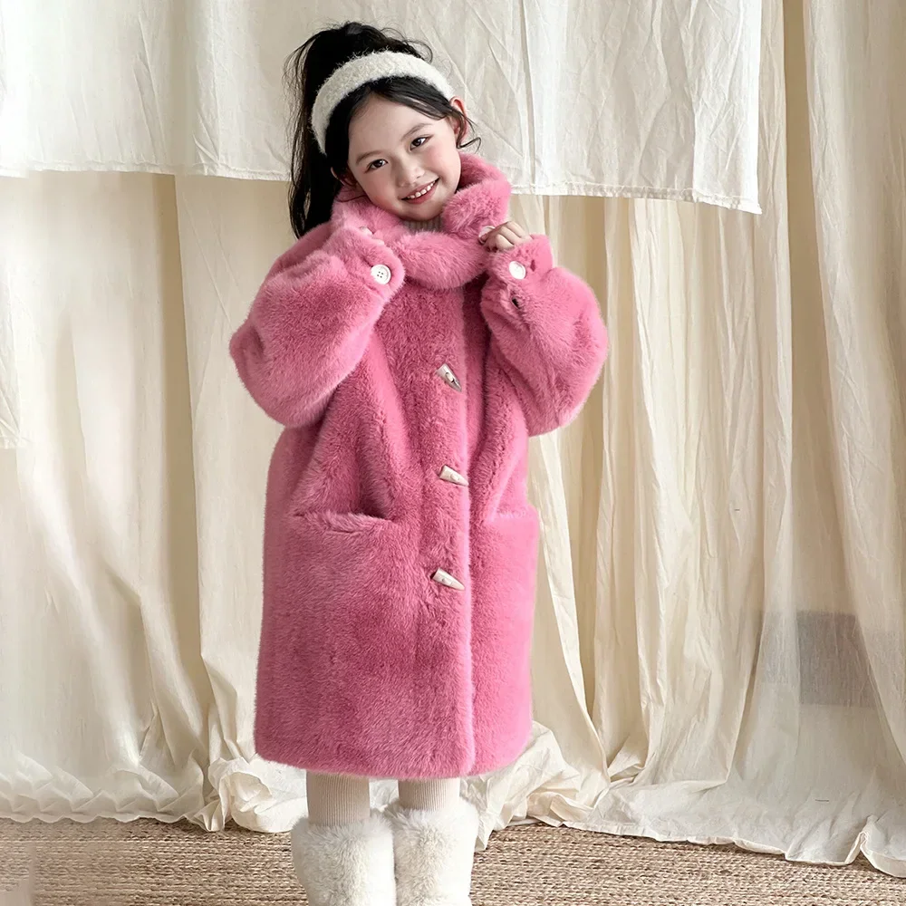 Elegant Faux Mink Jacket Girl's Winter Clothes 2024 Long Wool Fur Coat Autumn Single Breasted Children Fashion Clothing  TR312