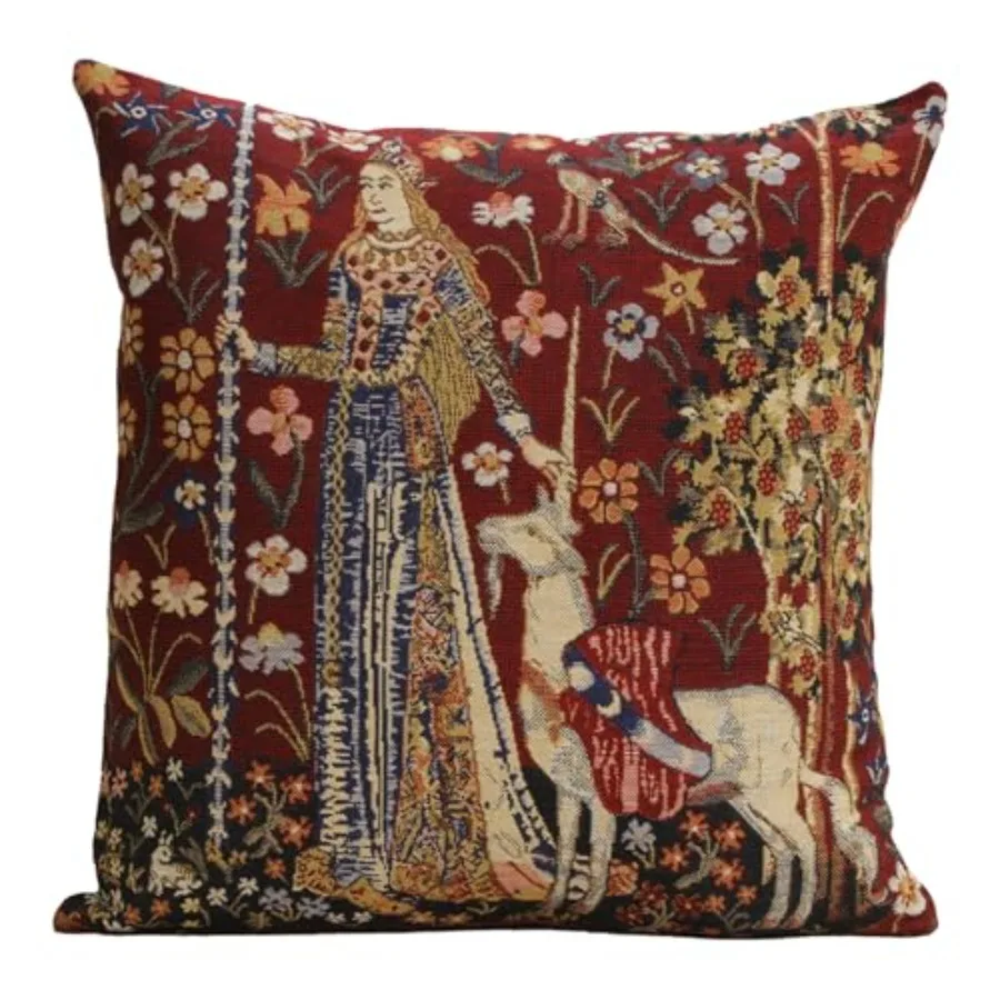 

Charlotte Home Furnishings Couch Pillow Cover 16X16 in Lady and Unicorn Decorative Throw Pillow Cover Belgian Medieval Tapestry