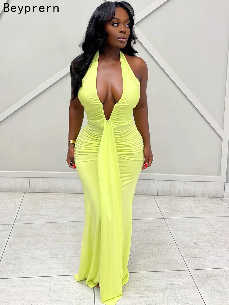Beyprern Precioso vestido largo con tirantes largos fruncidos y cuello en V con cuello Halter para mujer, trajes de vacaciones, vestido de fiesta plisado sin espalda Sexy