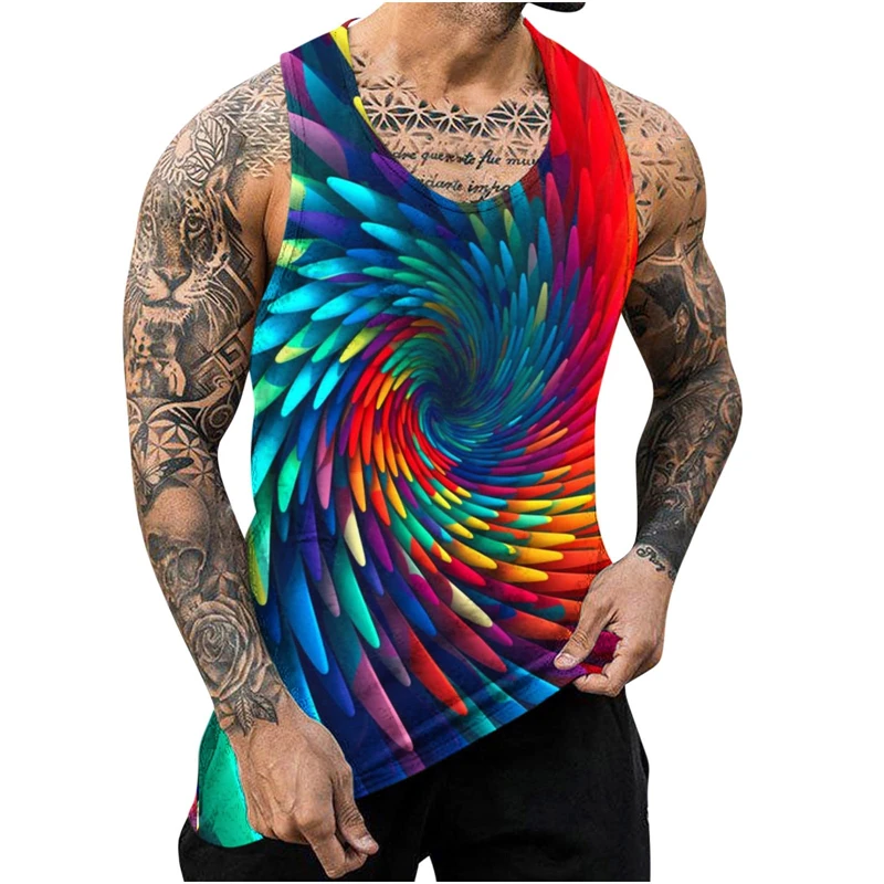 Mens Tie Dye Tank Shirts Funny 3D Printed Tank Tops Men's Clothing Casual Fashion Sleeveless Basketball Quick-dry Gym Vest Tops