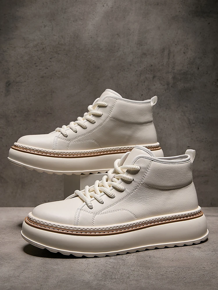 

Кожаные мужские ботинки с высоким верхом, повседневные универсальные короткие ботинки на толстой подошве, модные в корейском стиле, подходят ко всему, осень-зима, новинка