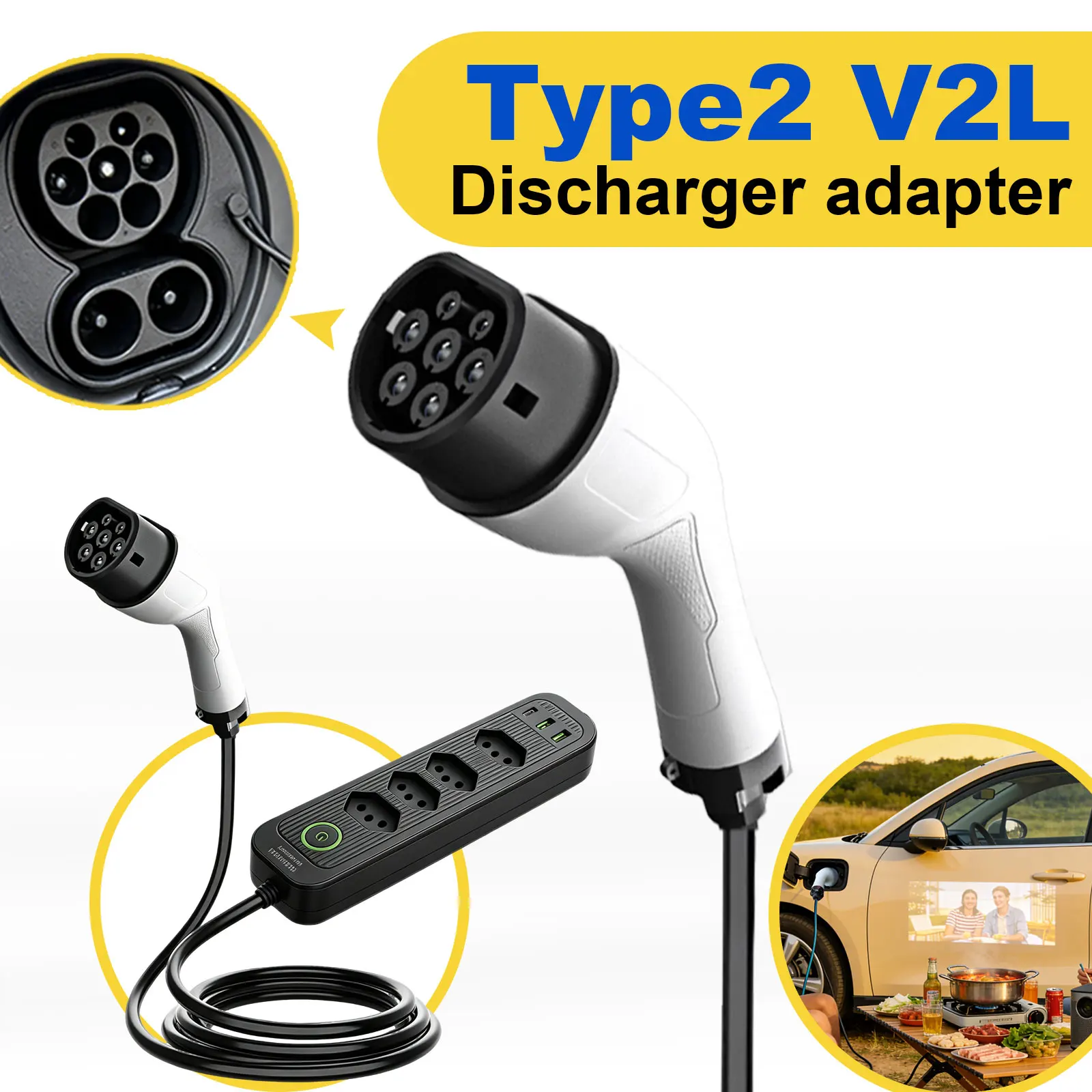 Type2 V2L Discharge Adapter 16A Brazil Socket EV to Outdoor Power Station for BYD MG Jaecoo Geely EX5 Electric Vehicle External