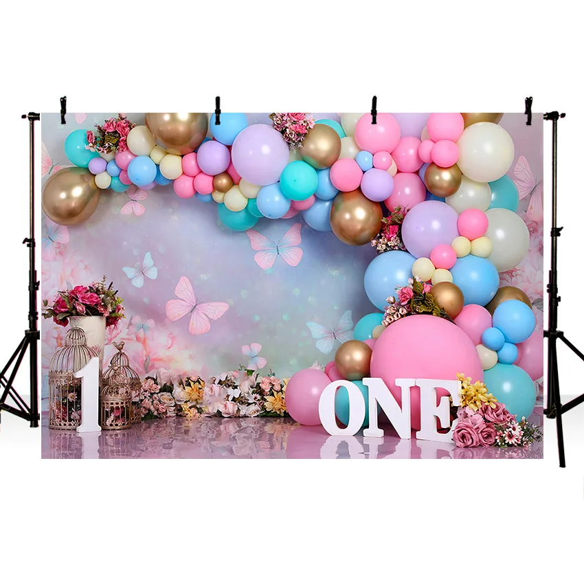 Mehofond Photography Background Wonderland Flowers Butterfly Balloons Girl 1st Birthday Cake Smash Decor Backdrop Photo Studio