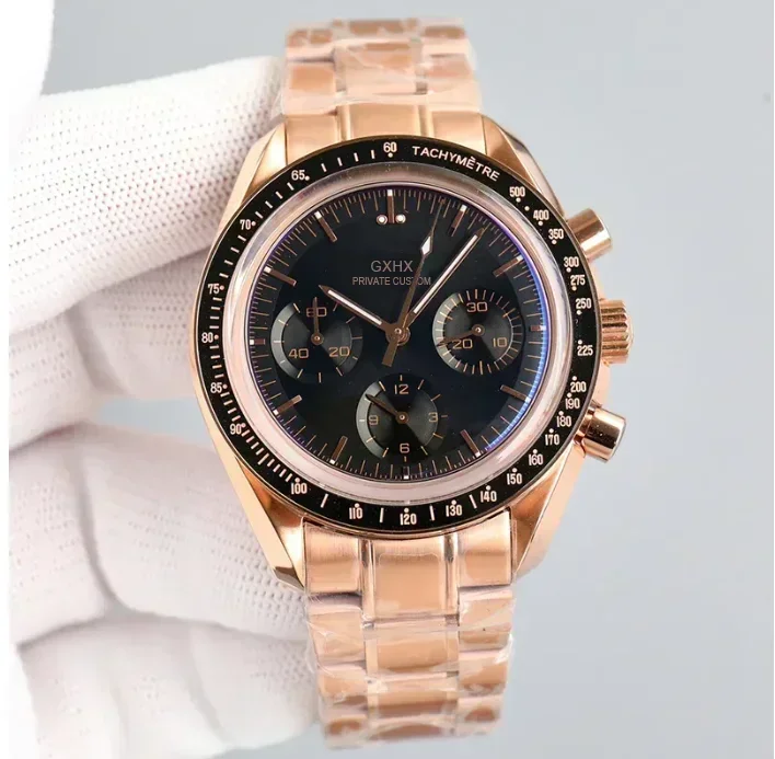 ساعة كوارتز كرونوغراف VK63 فاخرة للرجال من الفولاذ المقاوم للصدأ باللون الذهبي الوردي والجلد باللون الأخضر