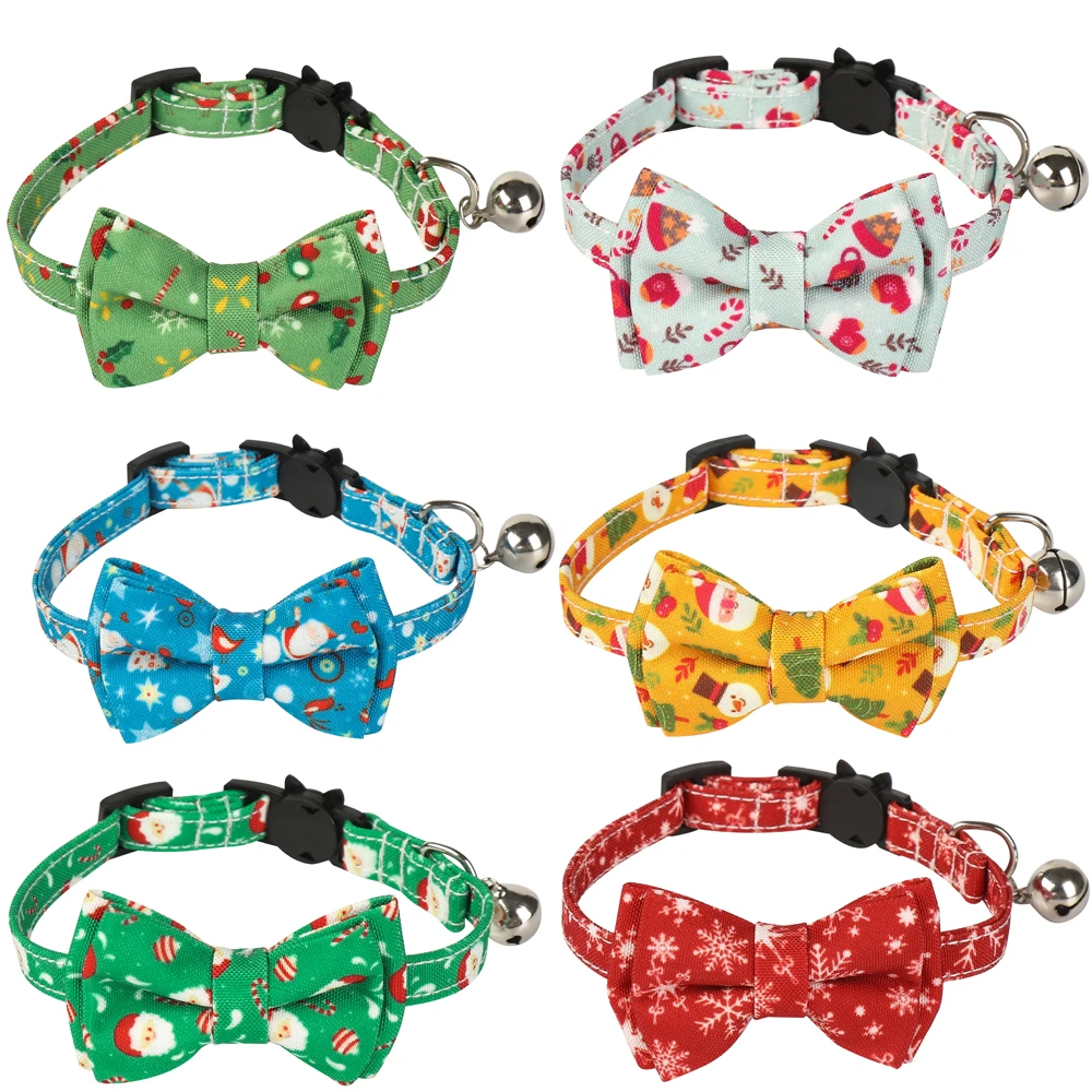 Christmas Detachable Bowknot Cat Collar Adjustable Safety Buckle Kitten Bow Tie Cats Collar with Bell Pets Accessories Gifts