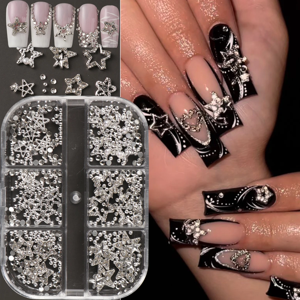 6 Gitter Y2K Silbrig Hohlstern Nagel Charms Dekorationen mit Strasssteinen 3D Legierung Nail Art Schmuck für Nail Art Dekoration