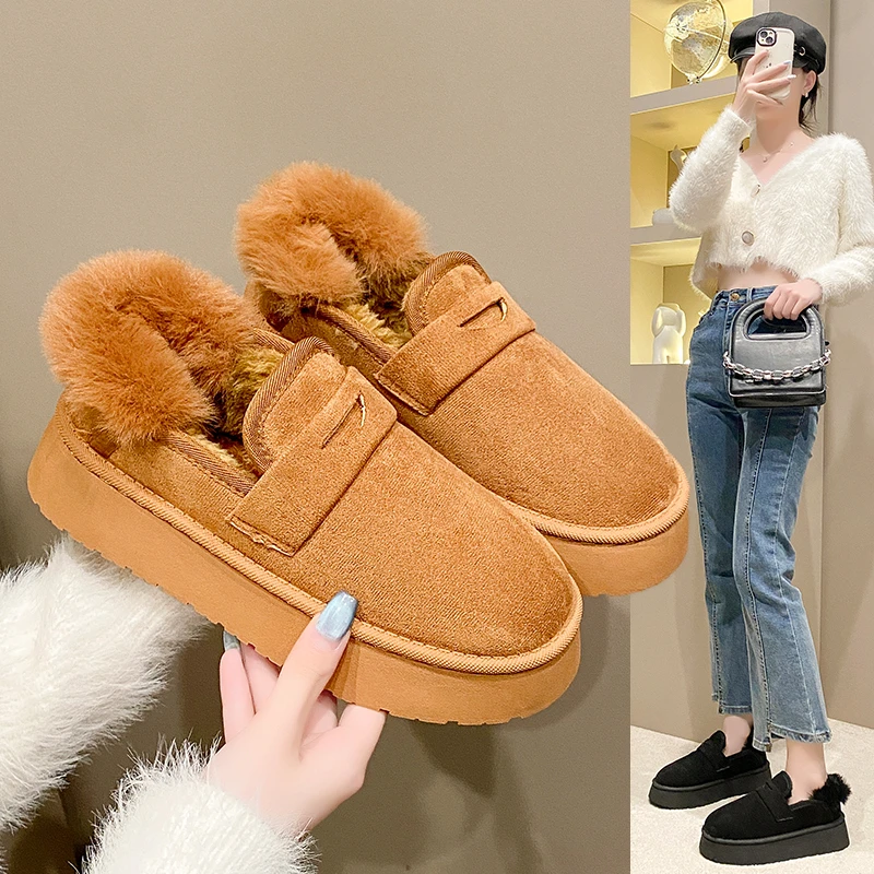 

Women Snow Boots Fur Flats Platform Ankle Shoes 2024 Winter New Warm Short Plush Boots Walking Cozy Female Casual Zapatillas