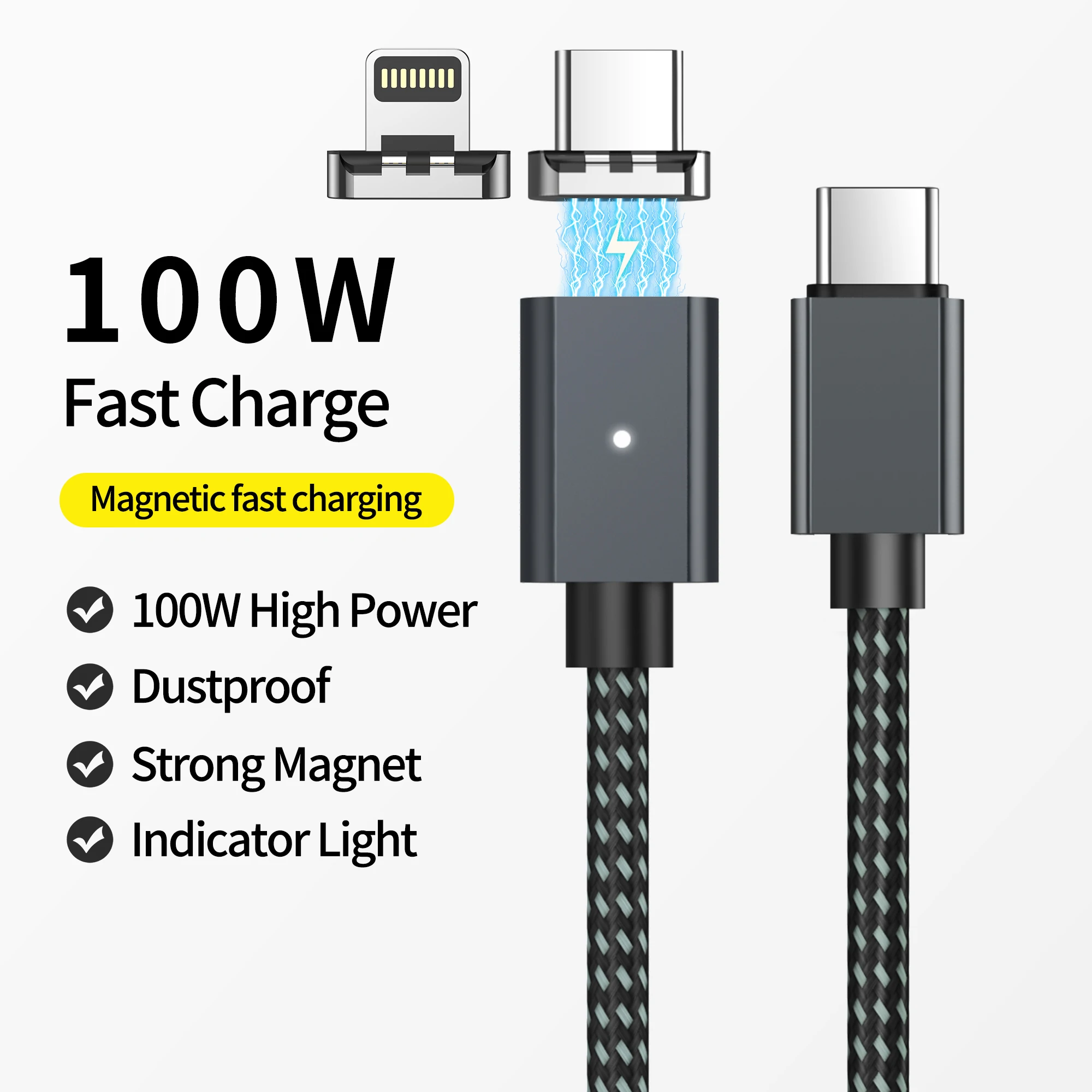 1.5m PD100w Fast Charger Magnetic Usb C To Type C Cable Magnetic Data Charging Wire for iPhone 15 Xiaomi MacBook Samsung LG