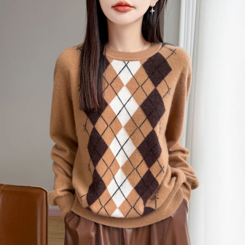 

2026 женский пуловер из чистой шерсти, клетчатый свитер с круглым вырезом, осень-зима, трикотаж из 100% чистой шерсти с длинными рукавами, простая одежда, топы