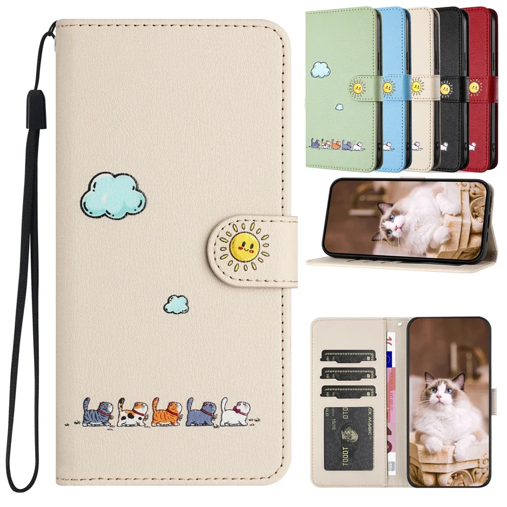 Kawai Cat Phone Case for Samsung A54 A24 A25 A34 A14 A15 A35 A05S A55 A13 A23 A33 A53 A12 A32 A52 Case Leather Wallet Flip Cover