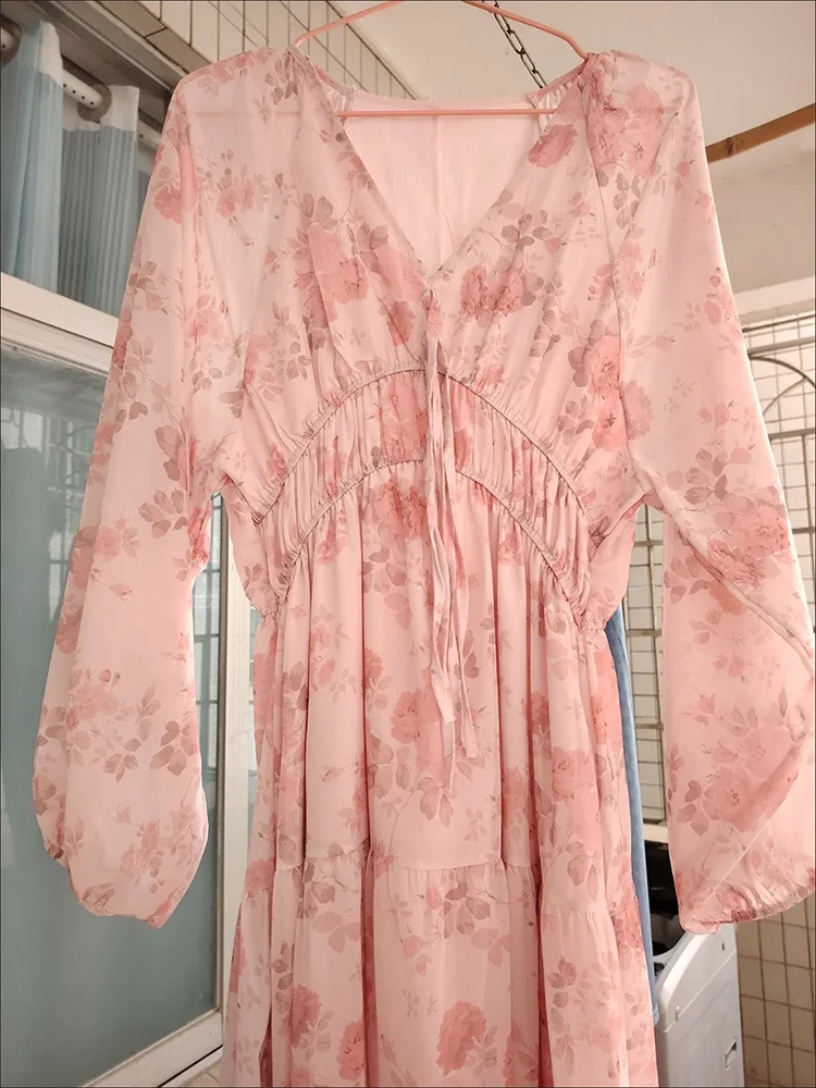 Fashion Flower Lace-up Bohe Party Dress Sexy Deep V-neck Lantern Long Sleeve Beach Dress Women Spring Elegant Swing Long Dresses