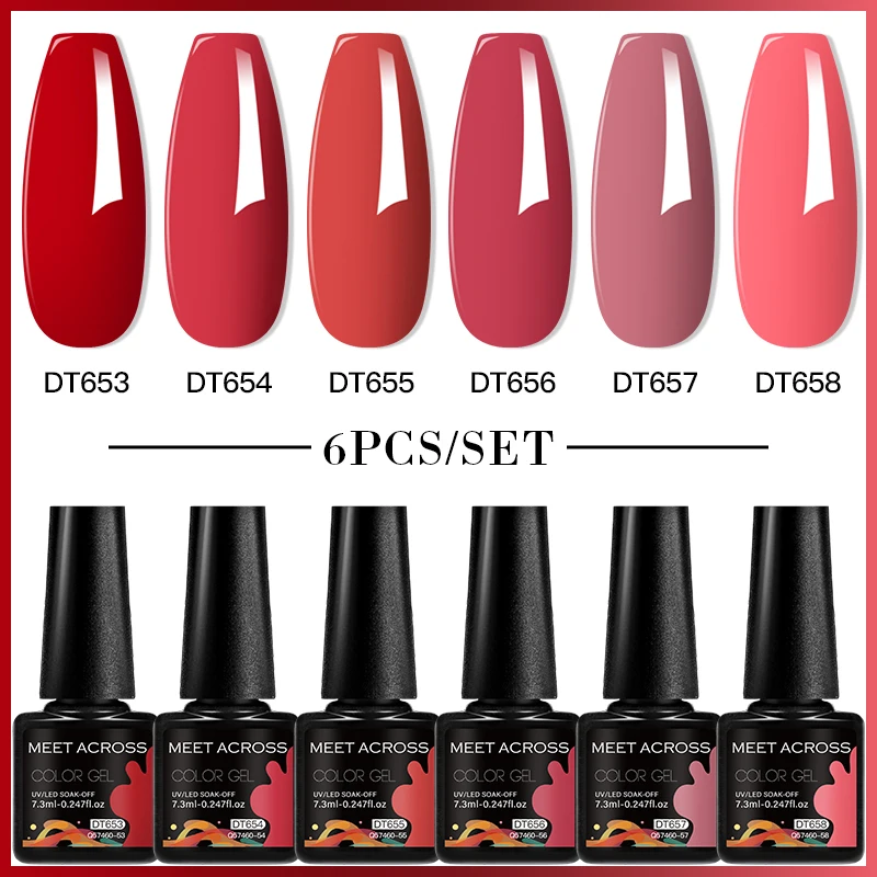 6PCS/SET Red Brown Gel Nail Polish Kits Soak Off UV LED Nail Glitter Gel Vernis Semi Permanent Base Top Coat Nail Art 7.3ml