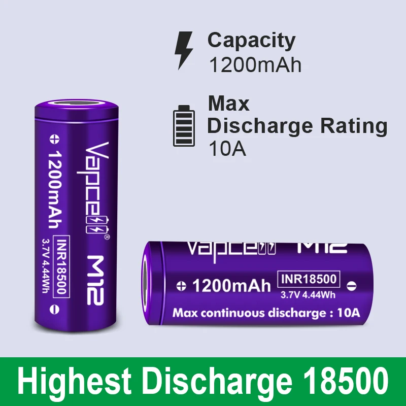 Original Vapcell 18500 Li ion Battery M12 1200mah 10A 3.7V INR18500 Rechargeable lithium Batteries For Flashlight Power Tool