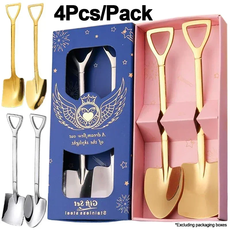 1/4Pcs Shovel Spoon Stainless Steel Shovel Shape Coffee Watermelon Scoop Pointed Tea Sugar Stirring Spoon Kitchen Tableware Tool