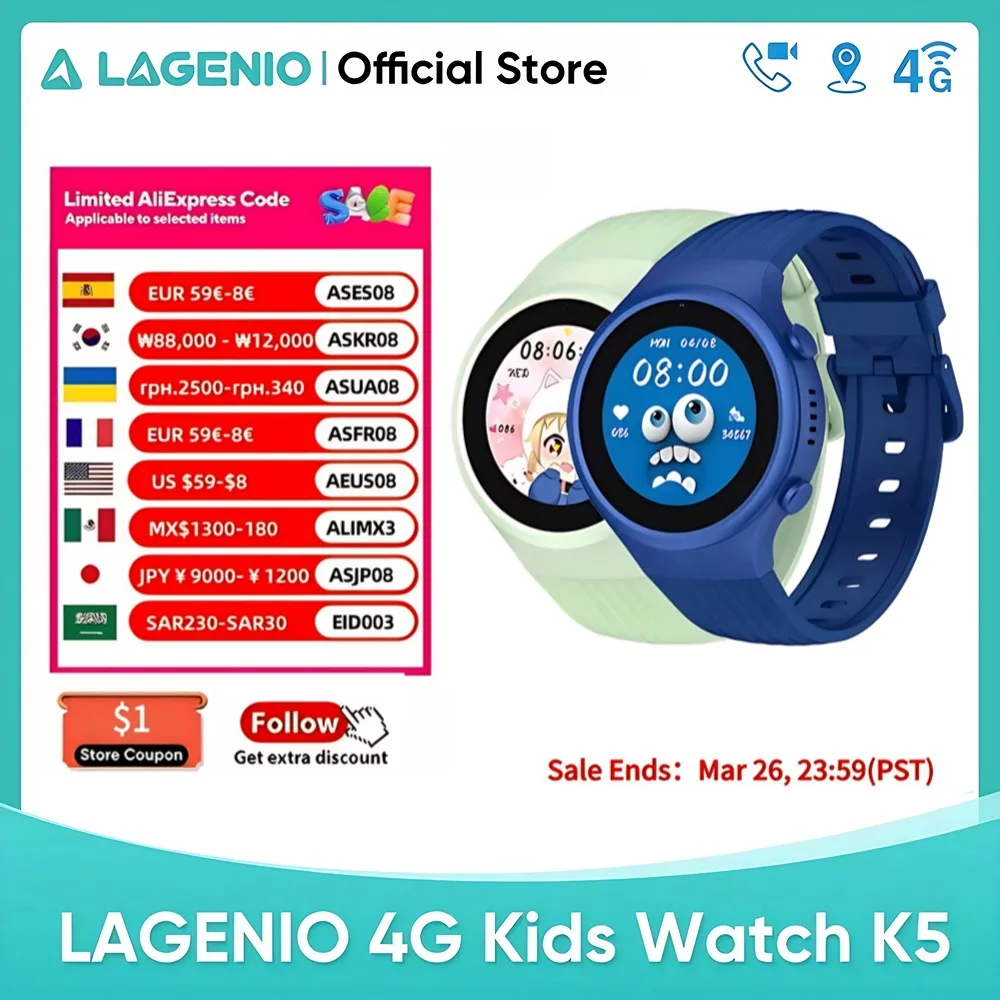 

Global LAGENIO 4G Kid Watch K5 SOS GPS Location Tracke Sim Card Call SmartWatch Camera Waterproof Watch Chidlren Birthday Gifts