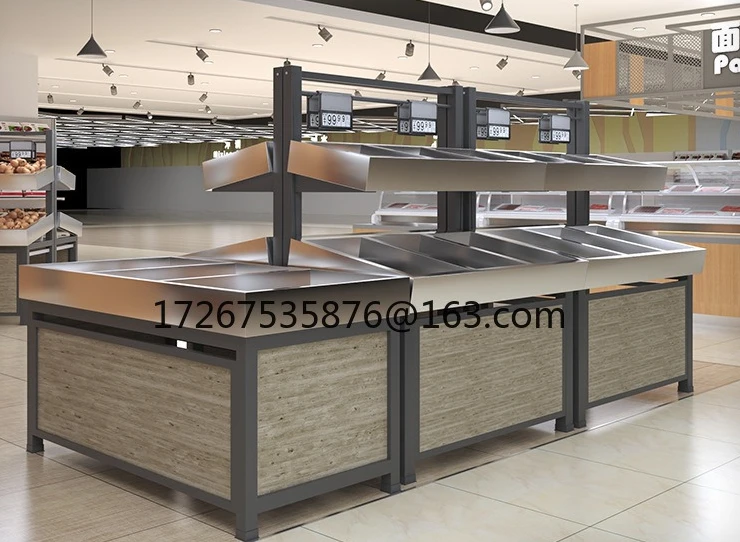 

Stainless steel fresh shelf fruit and vegetable rack fruit and vegetable display rack steel and wood stacking rack