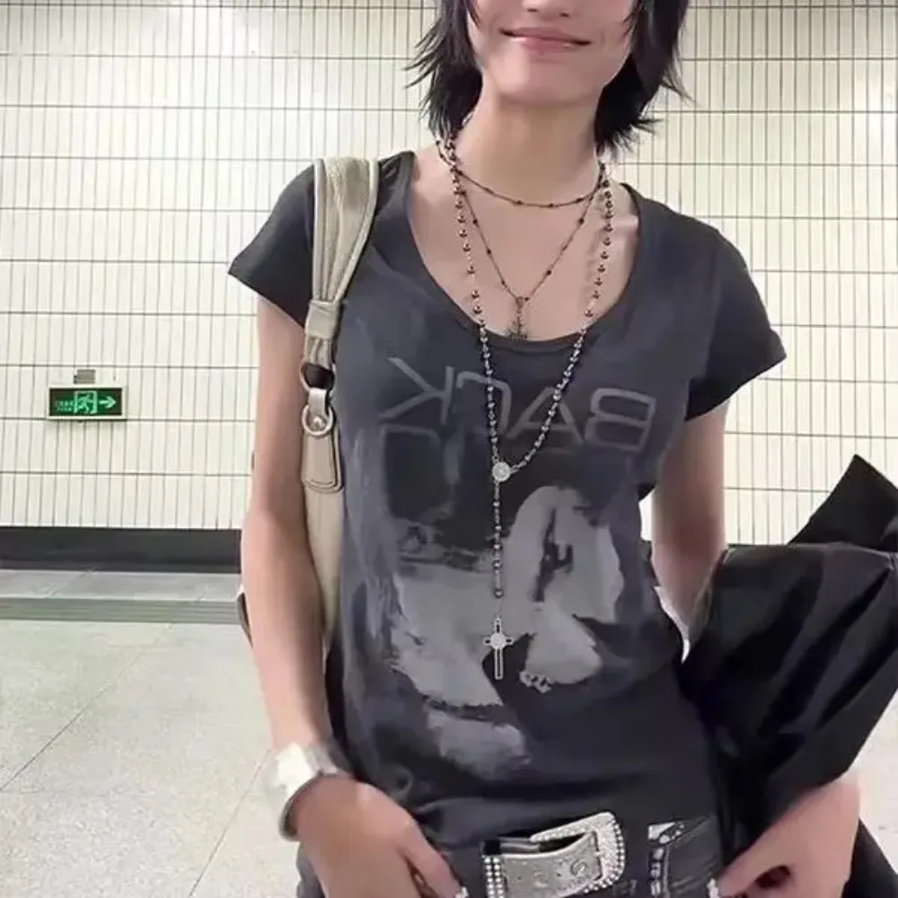 Japanese Harajuku Streetwear Y2K Letter Printed Tshirt 2000s Vintage Trashy Grunge Short Sleeve Women Loose Summer Daily Tee