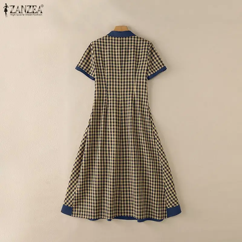 ZANZEA Women's Elegant Gingham Short Sleeve Maxi Dress Contrast-Color Half-Buttons Collared A-Line Dresses Vintage Robes Femme